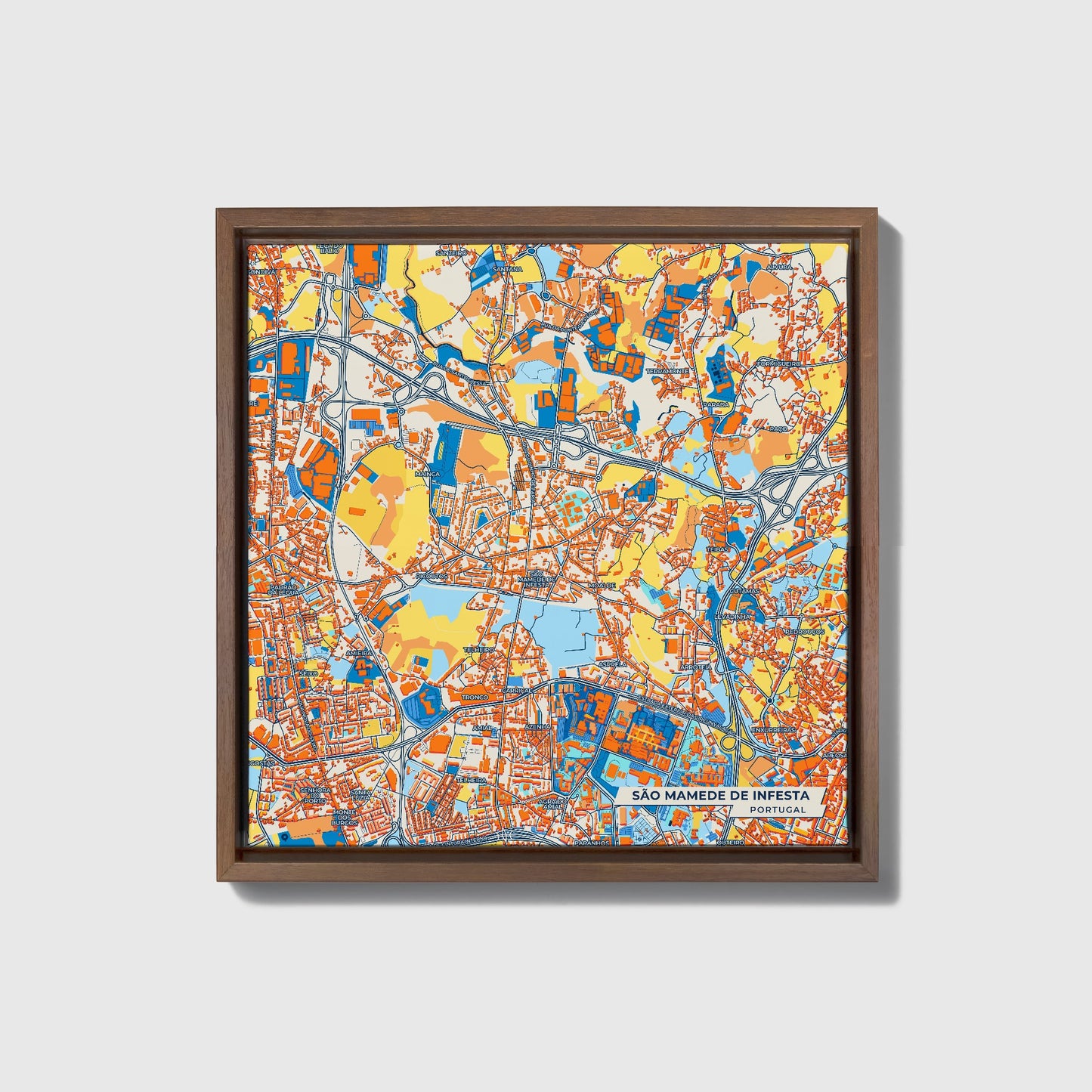 São Mamede De Infesta Portugal Colorful City Map Canvas Print • Dark Wooden Framed