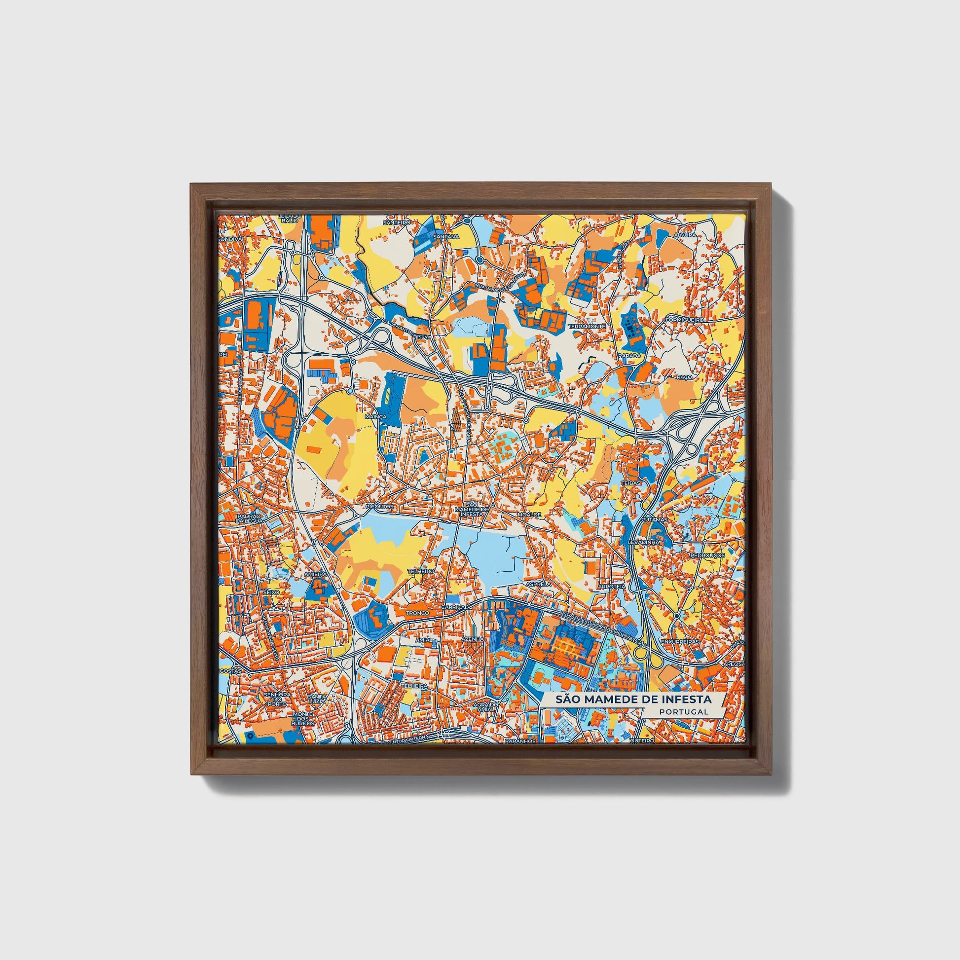 São Mamede De Infesta Portugal Colorful City Map Canvas Print • Dark Wooden Framed