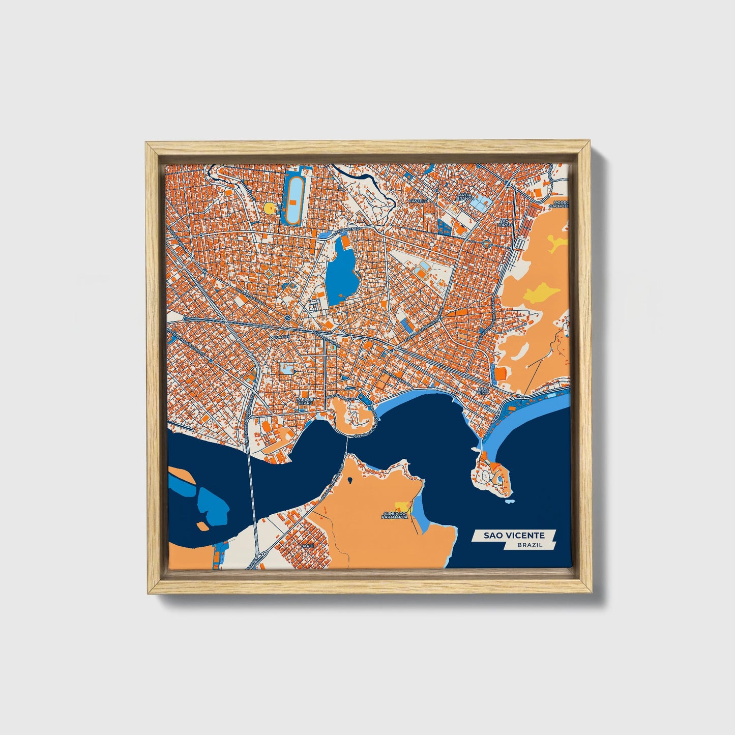 Sao Vicente Brazil Colorful City Map Canvas Print • Natural Wooden Framed