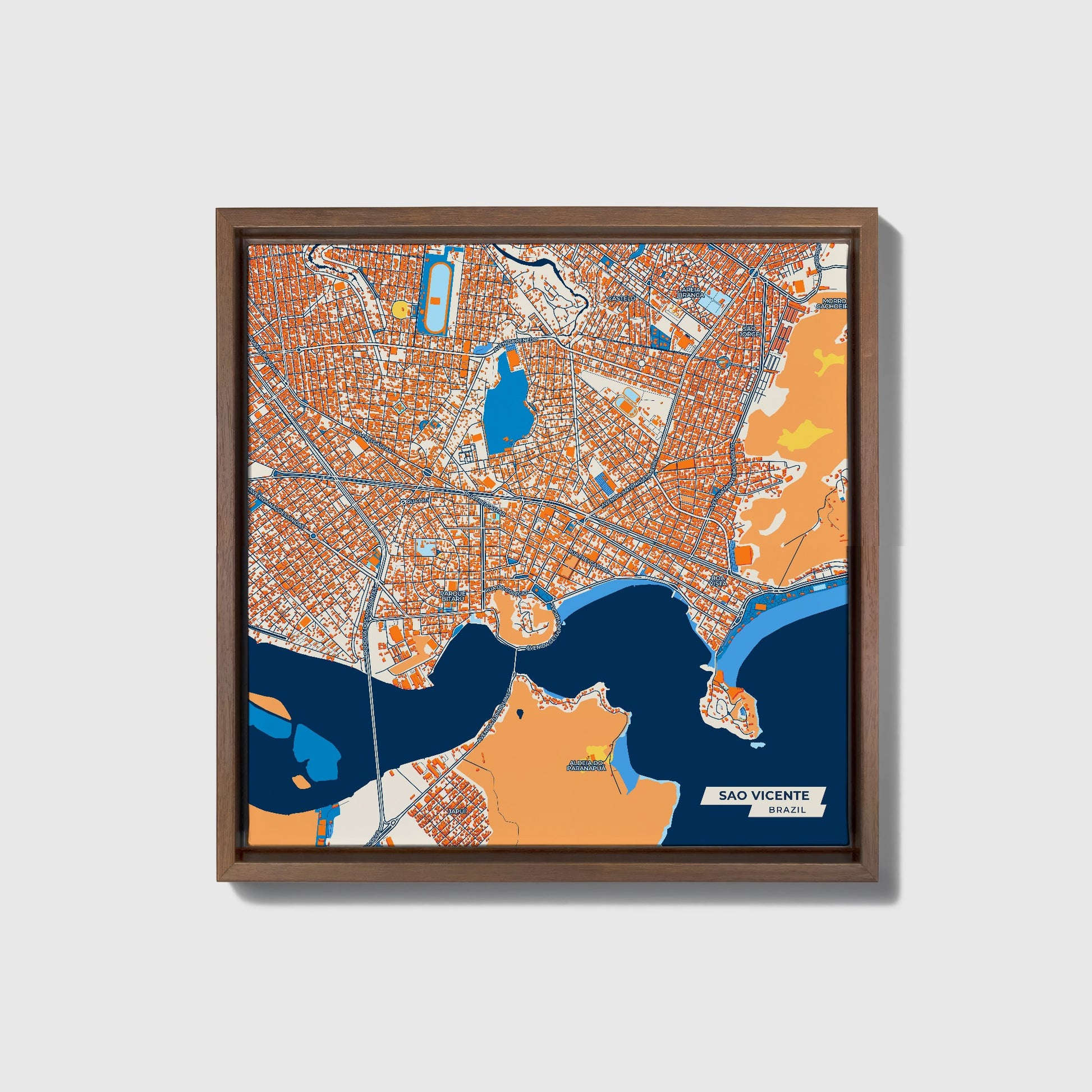 Sao Vicente Brazil Colorful City Map Canvas Print • Dark Wooden Framed