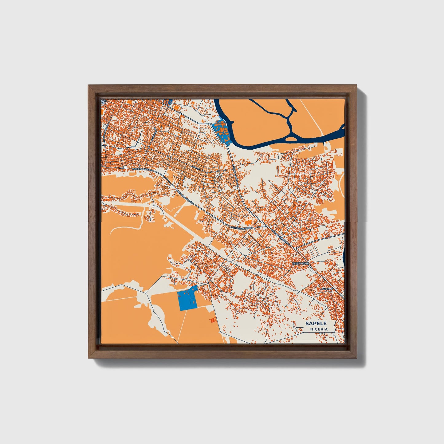 Sapele Nigeria Colorful City Map Canvas Print • Dark Wooden Framed