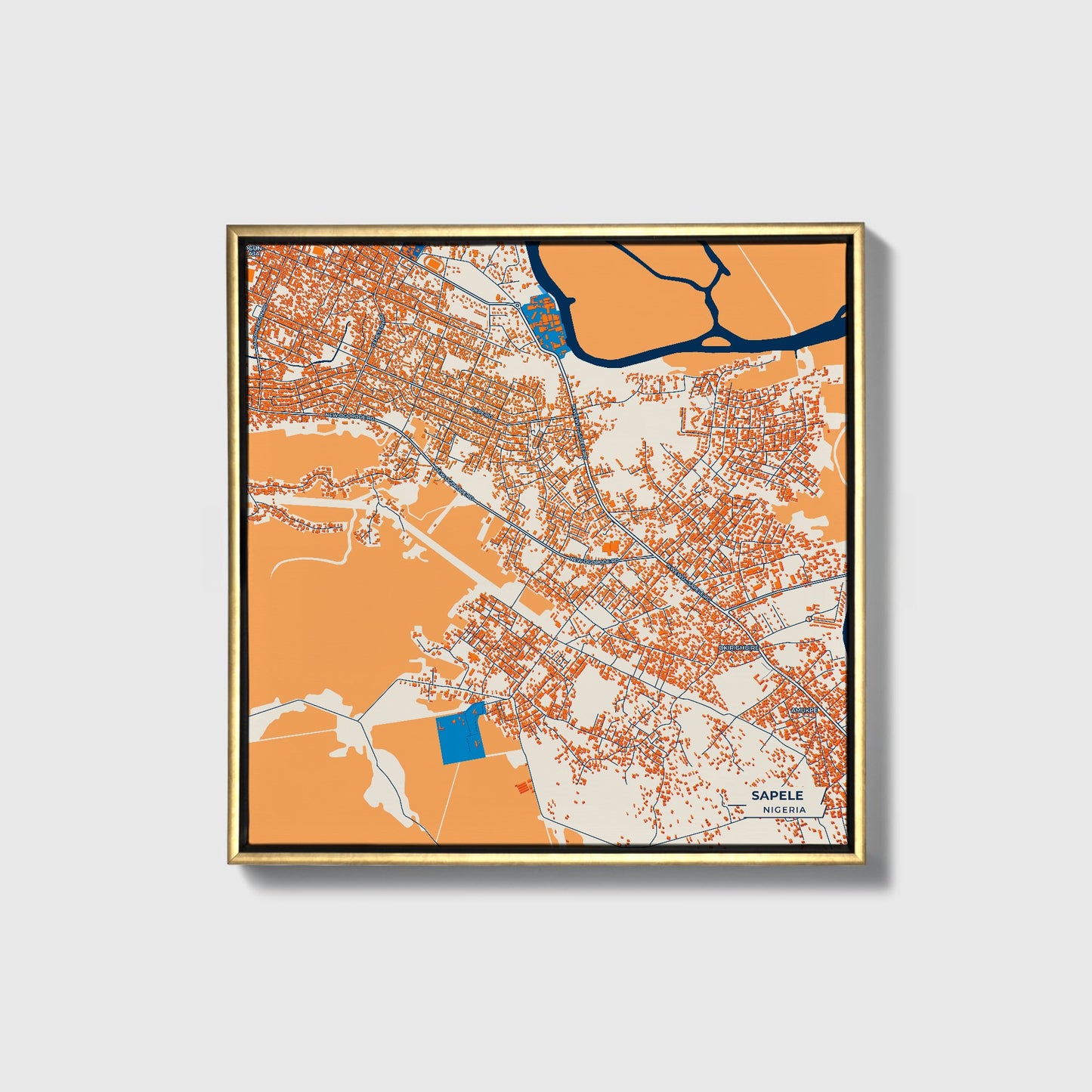 Sapele Nigeria Colorful City Map Canvas Print • Gold Framed