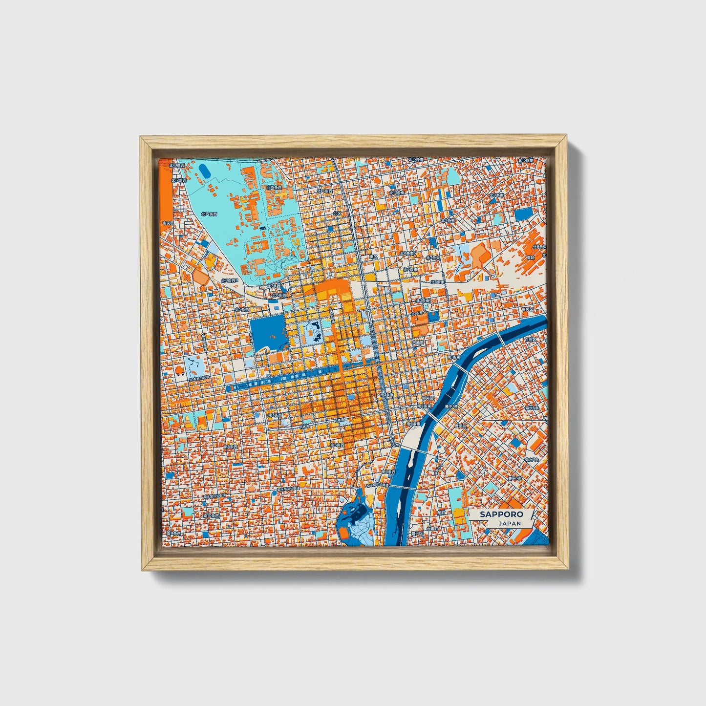 Sapporo Japan Colorful City Map Canvas Print • Natural Wooden Framed