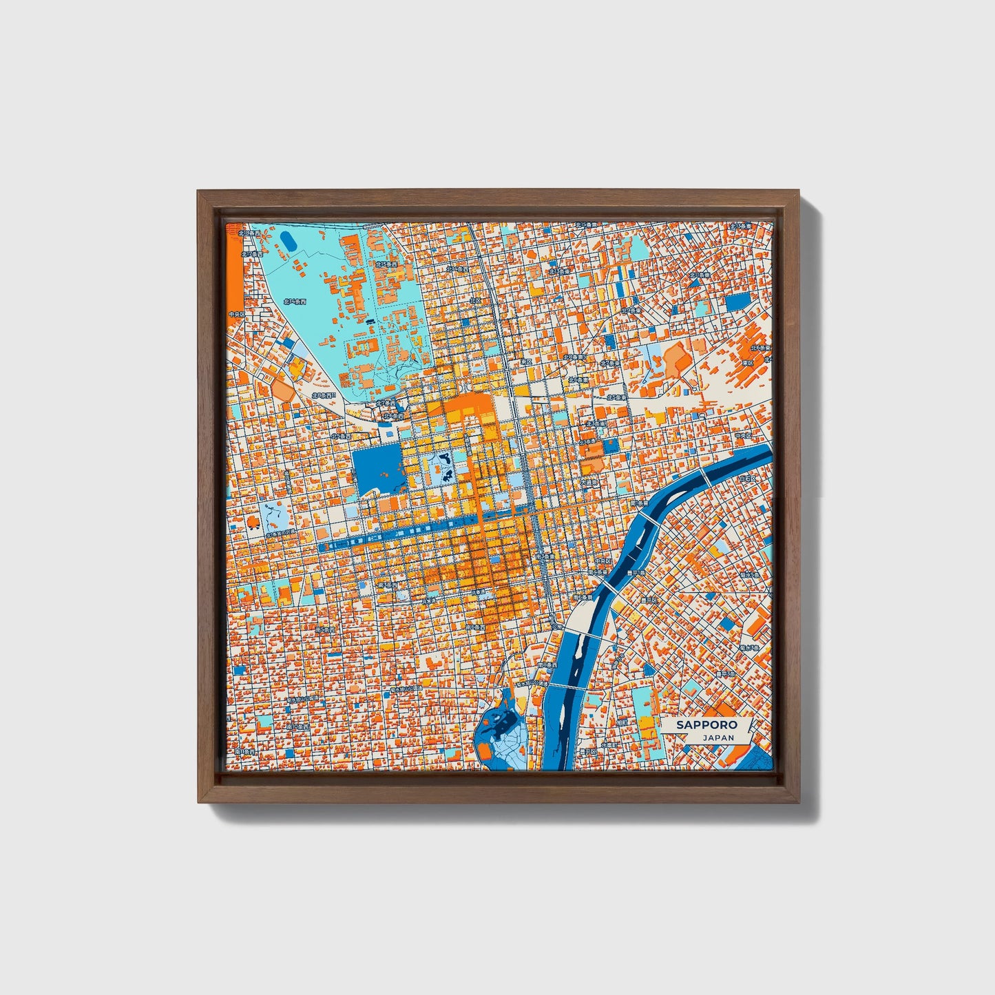 Sapporo Japan Colorful City Map Canvas Print • Dark Wooden Framed
