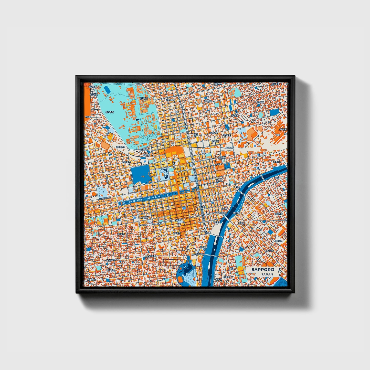 Sapporo Japan Colorful City Map Canvas Print • Black Framed