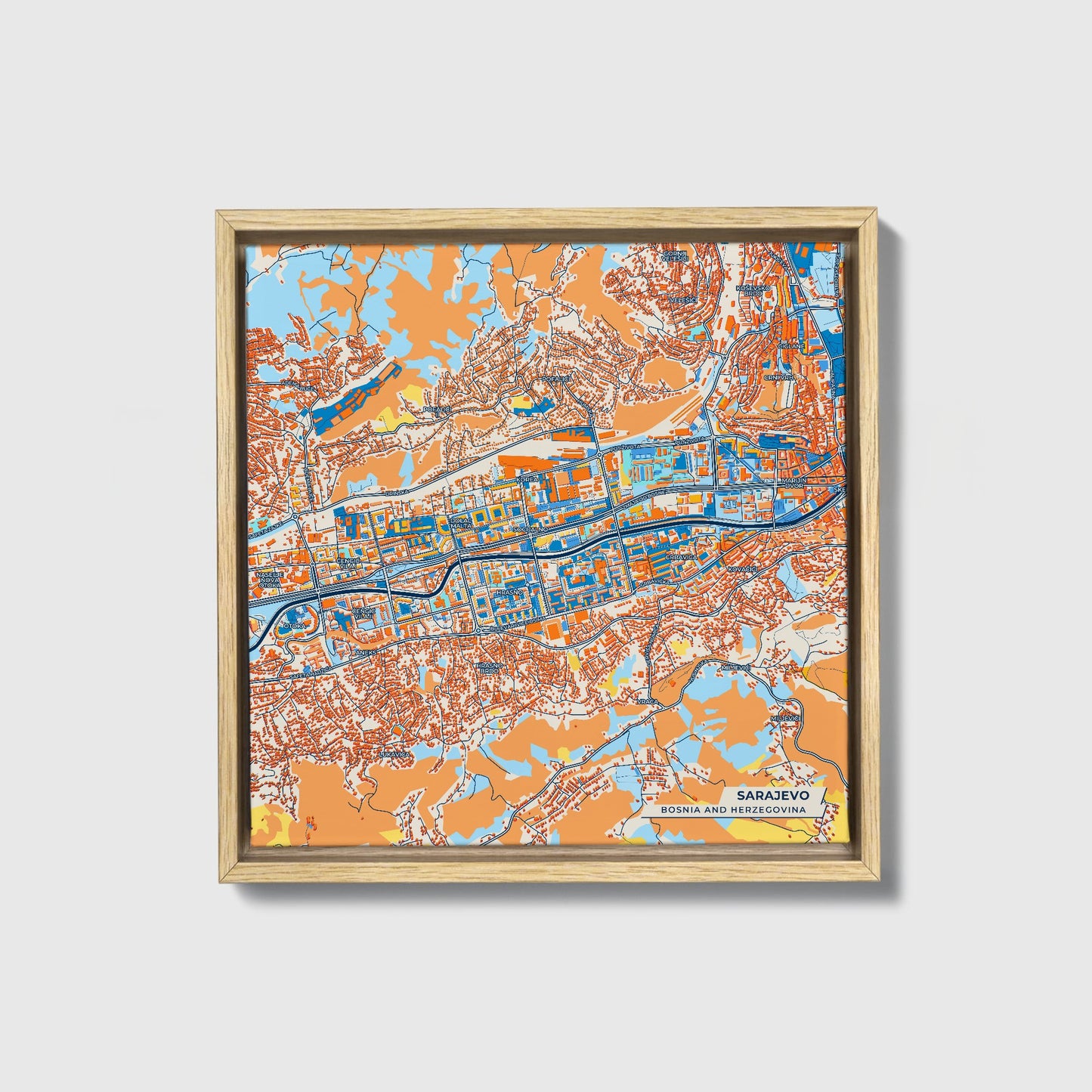 Sarajevo Bosnia And Herzegovina Colorful City Map Canvas Print • Natural Wooden Framed