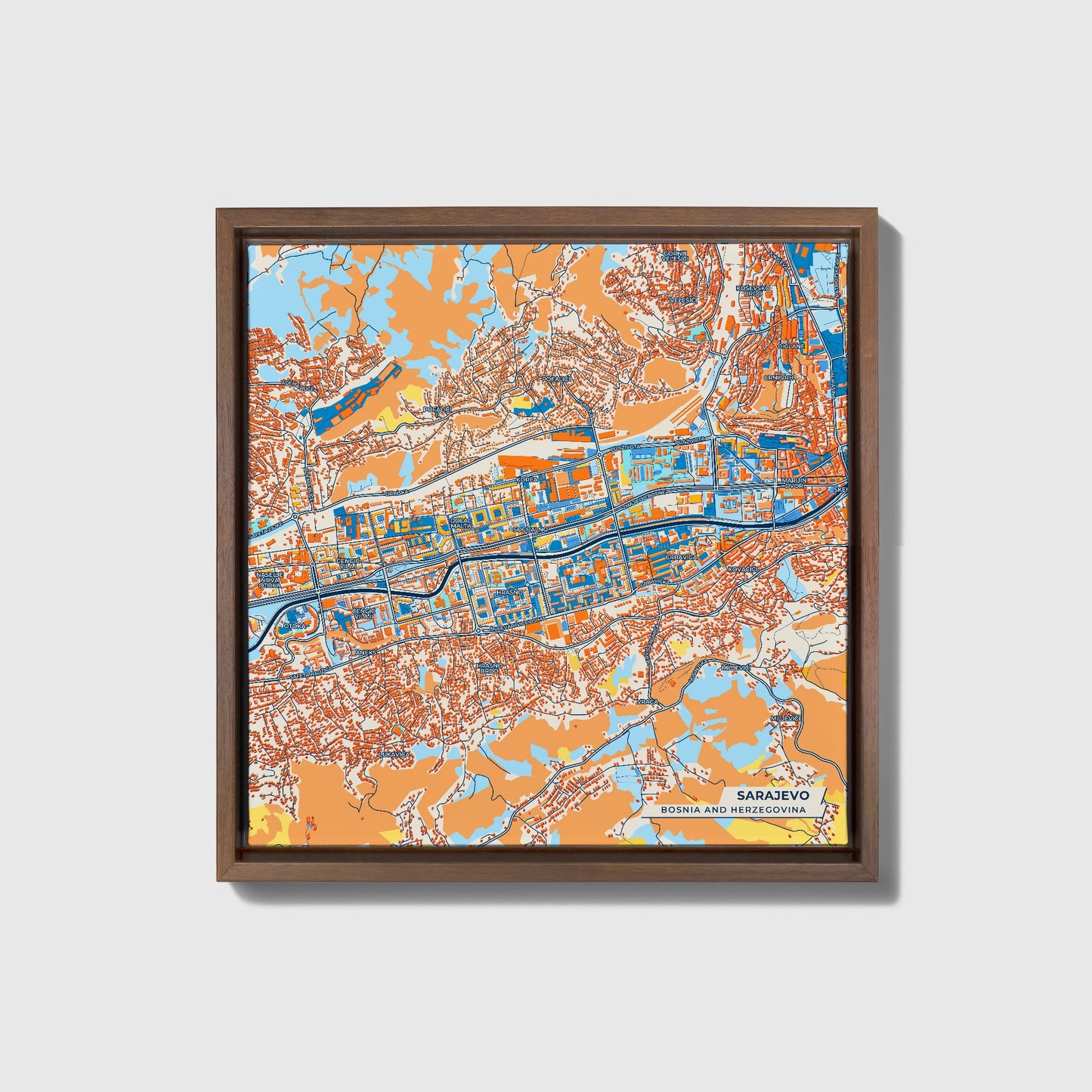 Sarajevo Bosnia And Herzegovina Colorful City Map Canvas Print • Dark Wooden Framed