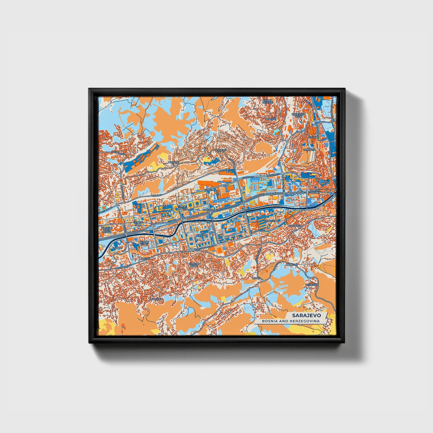 Sarajevo Bosnia And Herzegovina Colorful City Map Canvas Print • Black Framed