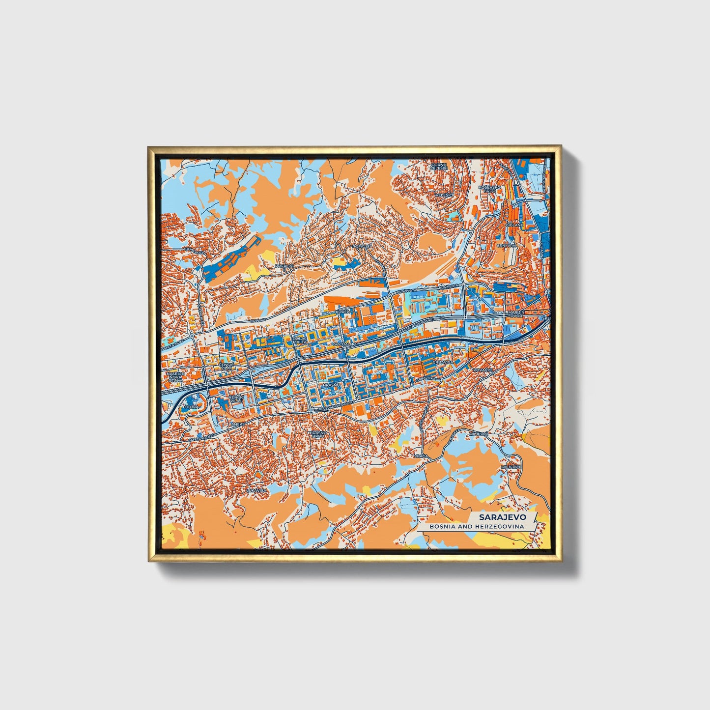 Sarajevo Bosnia And Herzegovina Colorful City Map Canvas Print • Gold Framed