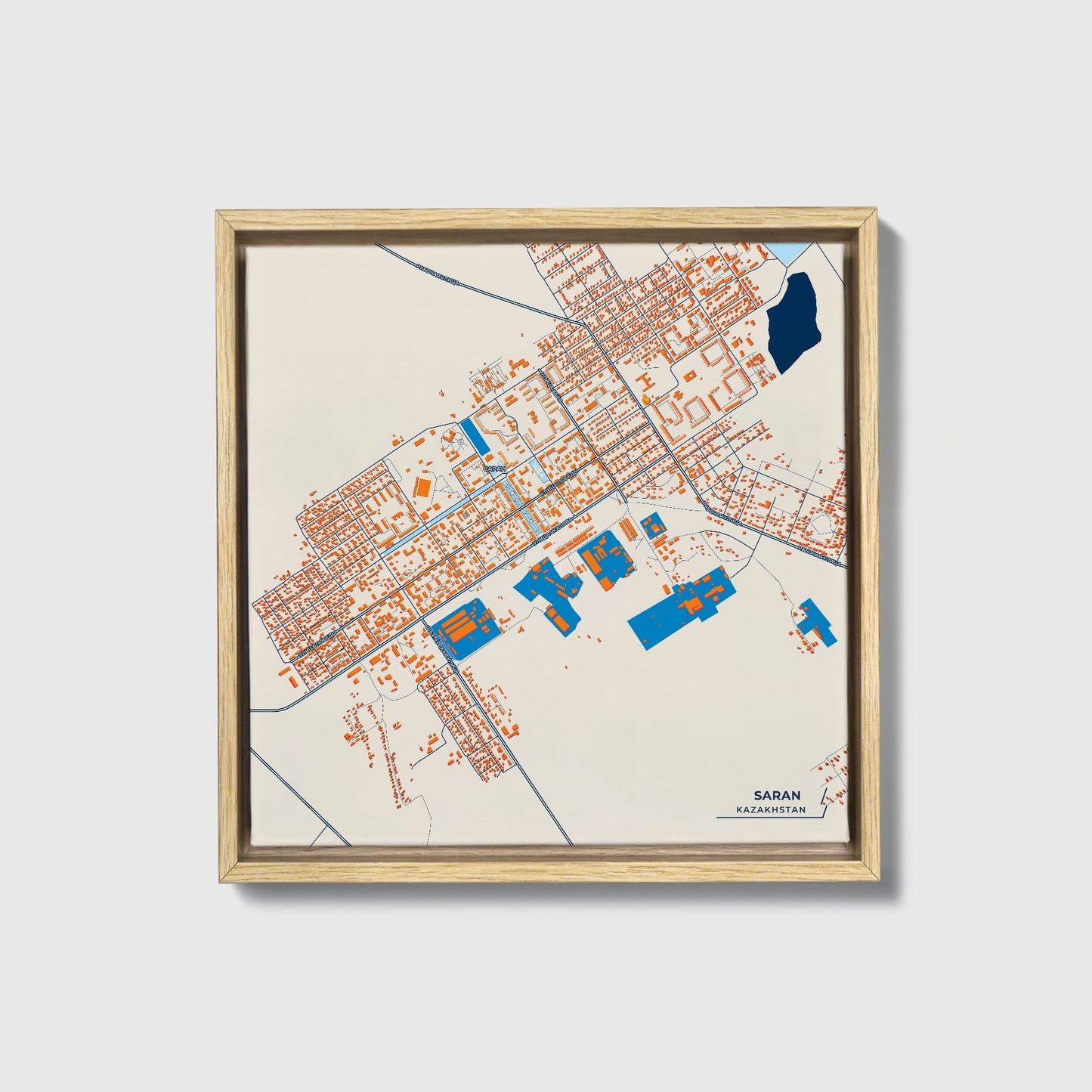 Saran Kazakhstan Colorful City Map Canvas Print • Natural Wooden Framed