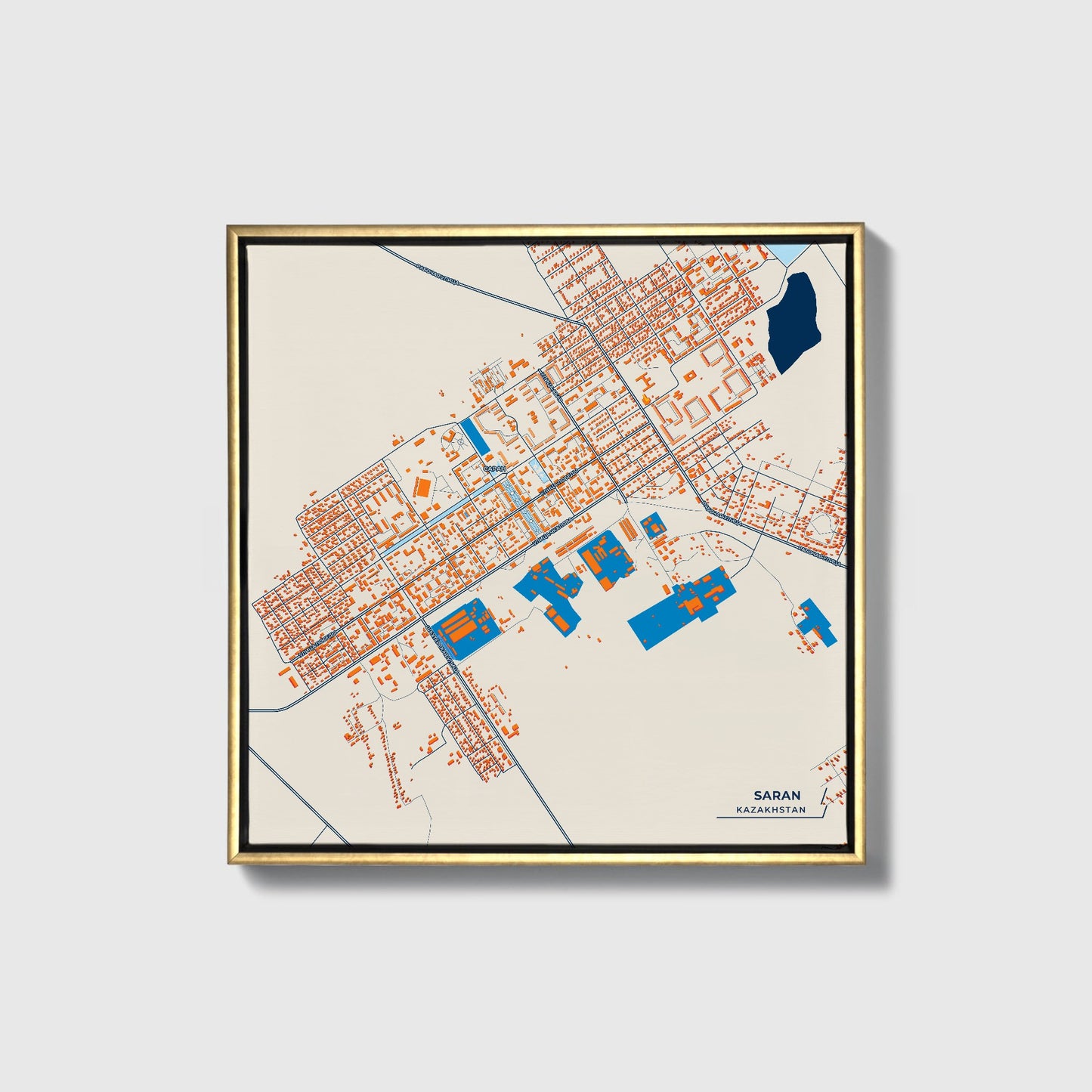 Saran Kazakhstan Colorful City Map Canvas Print • Gold Framed