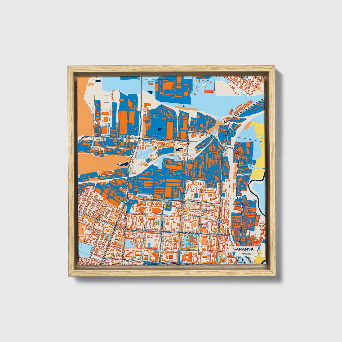 Саранск Russia Colorful City Map Canvas Print • Natural Wooden Framed