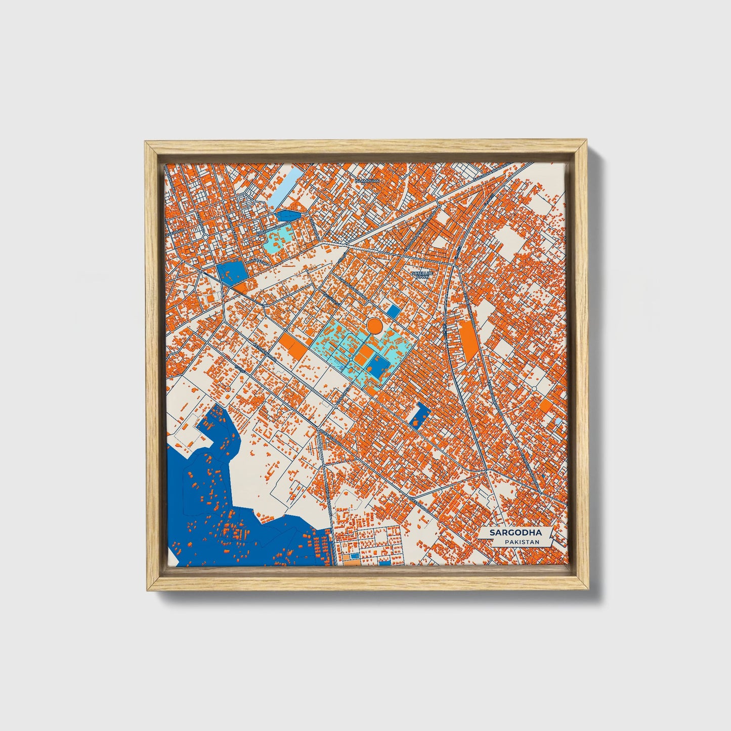 Sargodha Pakistan Colorful City Map Canvas Print • Natural Wooden Framed