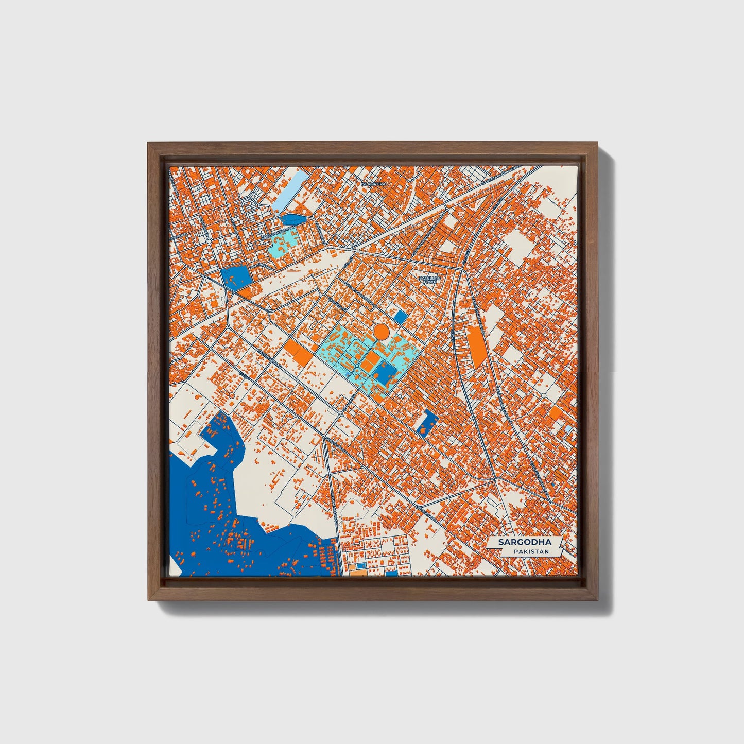 Sargodha Pakistan Colorful City Map Canvas Print • Dark Wooden Framed