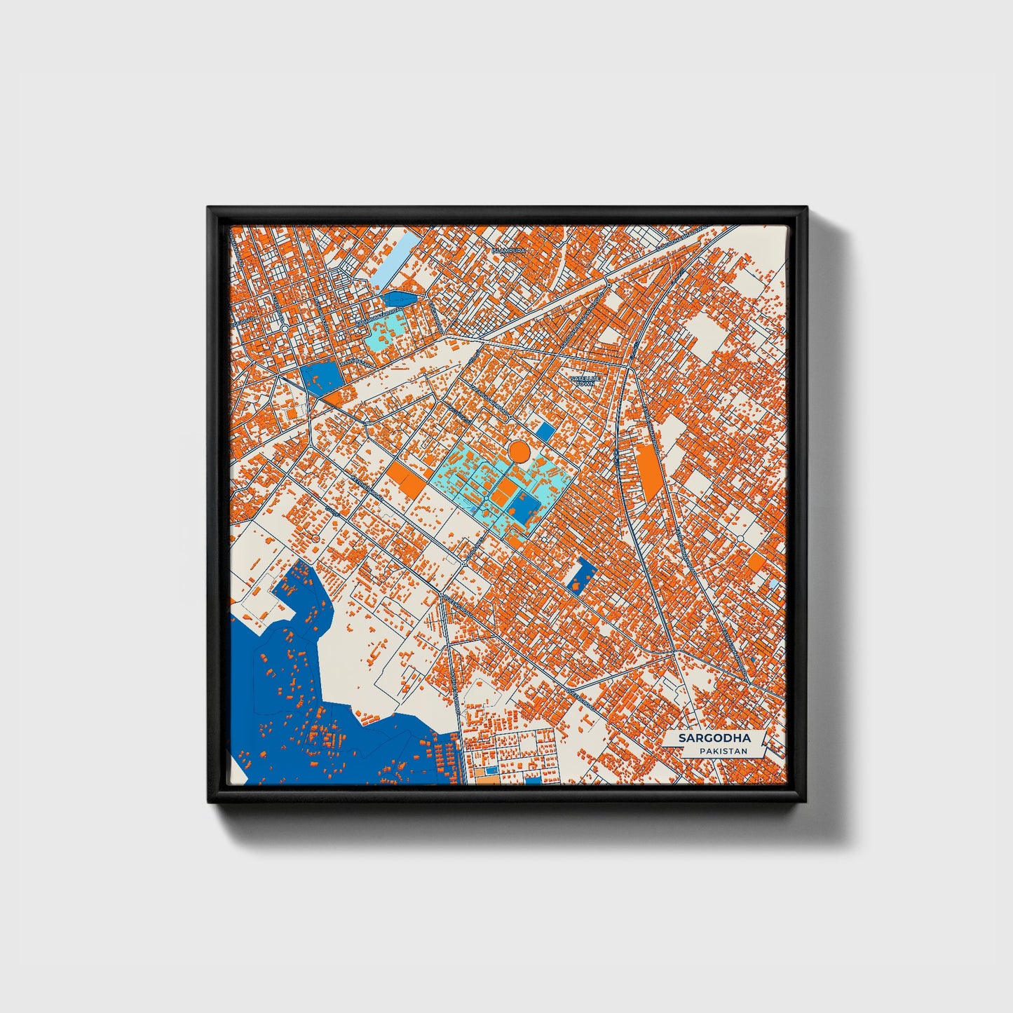 Sargodha Pakistan Colorful City Map Canvas Print • Black Framed