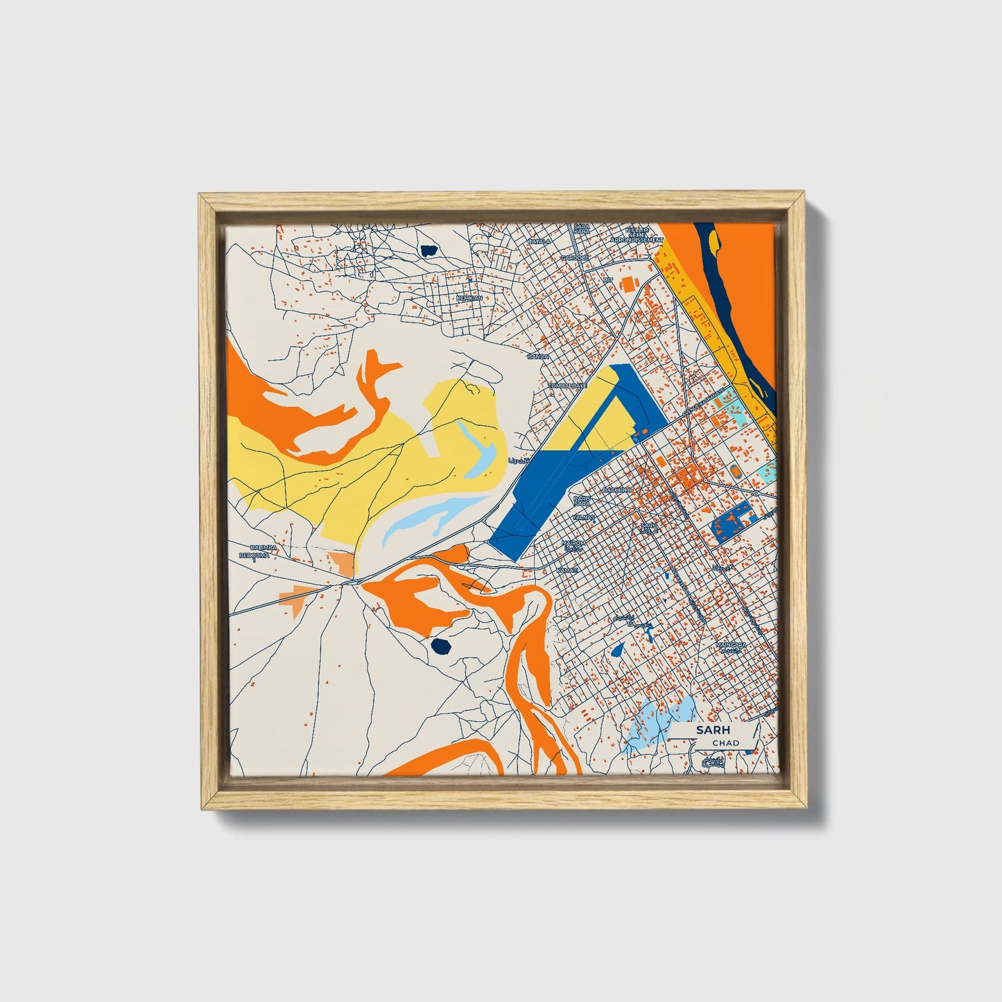 Sarh Chad Colorful City Map Canvas Print • Natural Wooden Framed