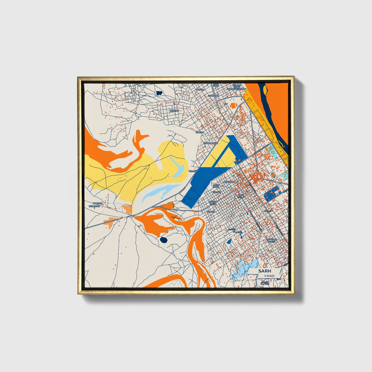 Sarh Chad Colorful City Map Canvas Print • Gold Framed