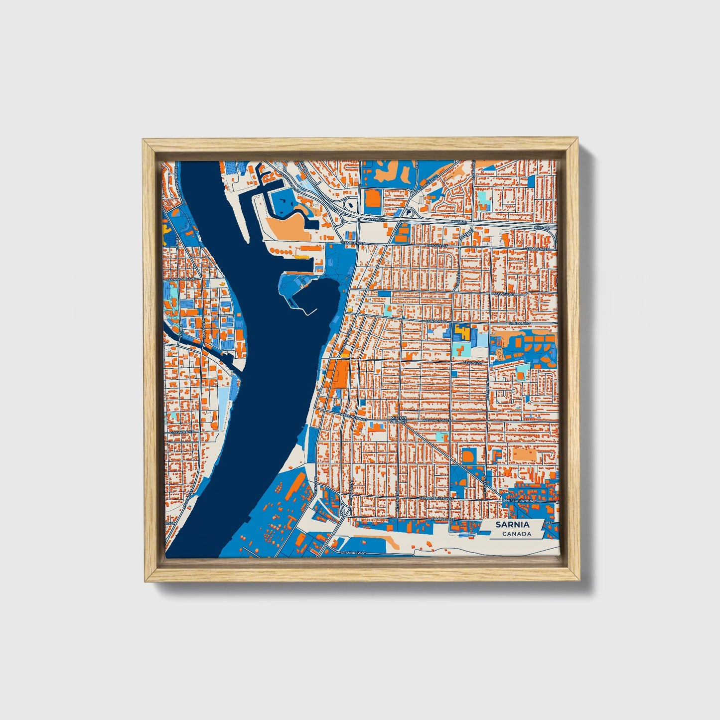 Sarnia Canada Colorful City Map Canvas Print • Natural Wooden Framed