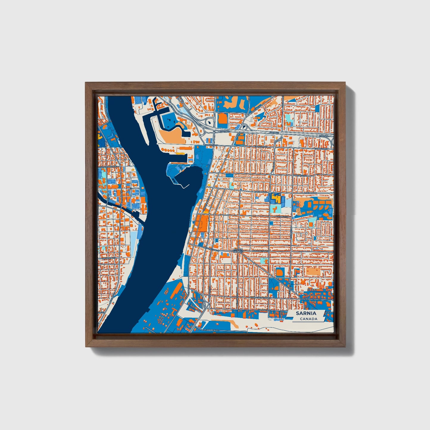 Sarnia Canada Colorful City Map Canvas Print • Dark Wooden Framed