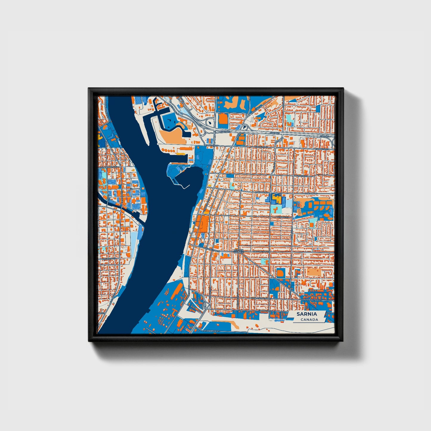 Sarnia Canada Colorful City Map Canvas Print • Black Framed