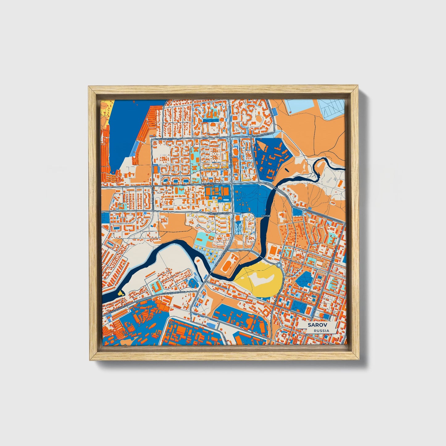Саров Russia Colorful City Map Canvas Print • Natural Wooden Framed