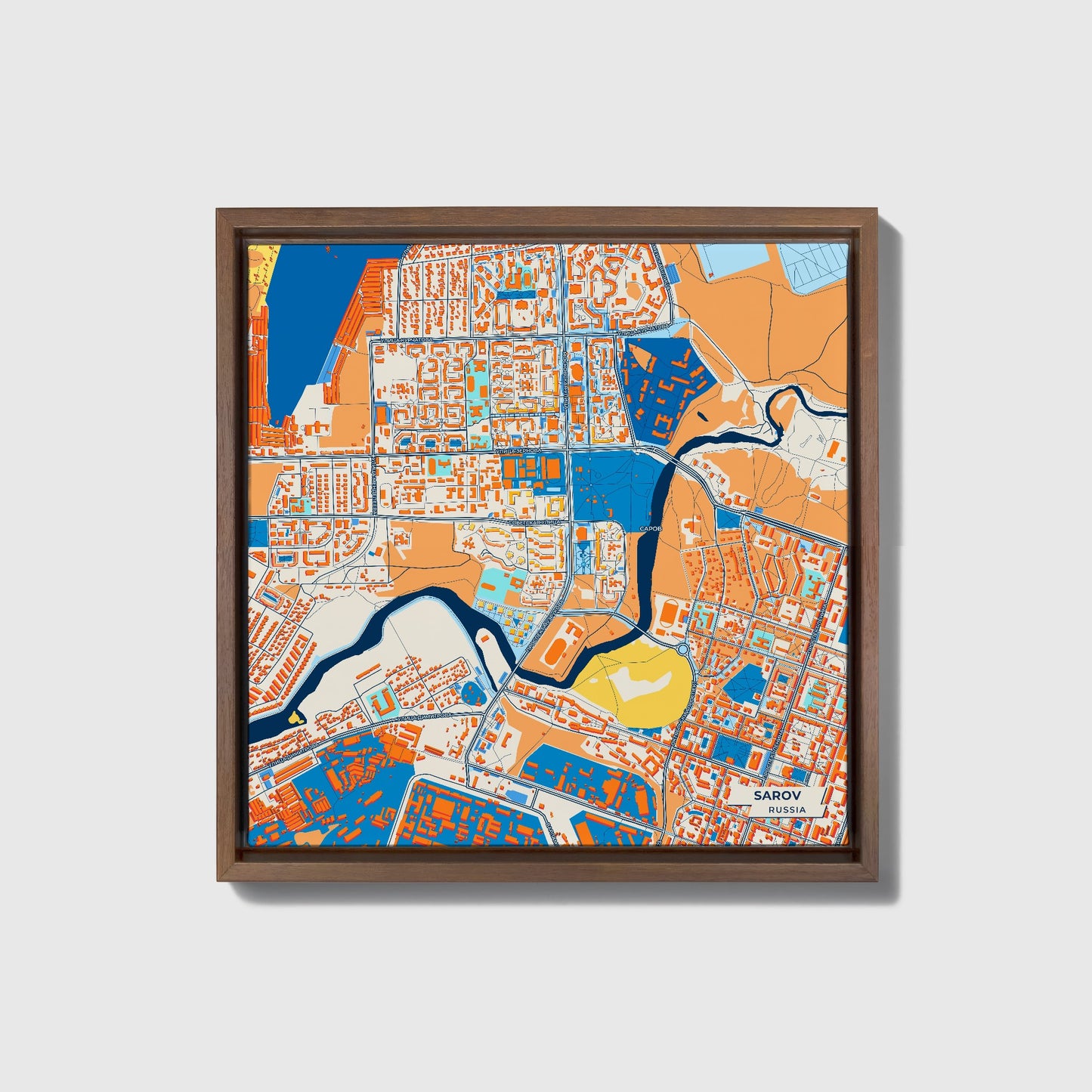 Саров Russia Colorful City Map Canvas Print • Dark Wooden Framed