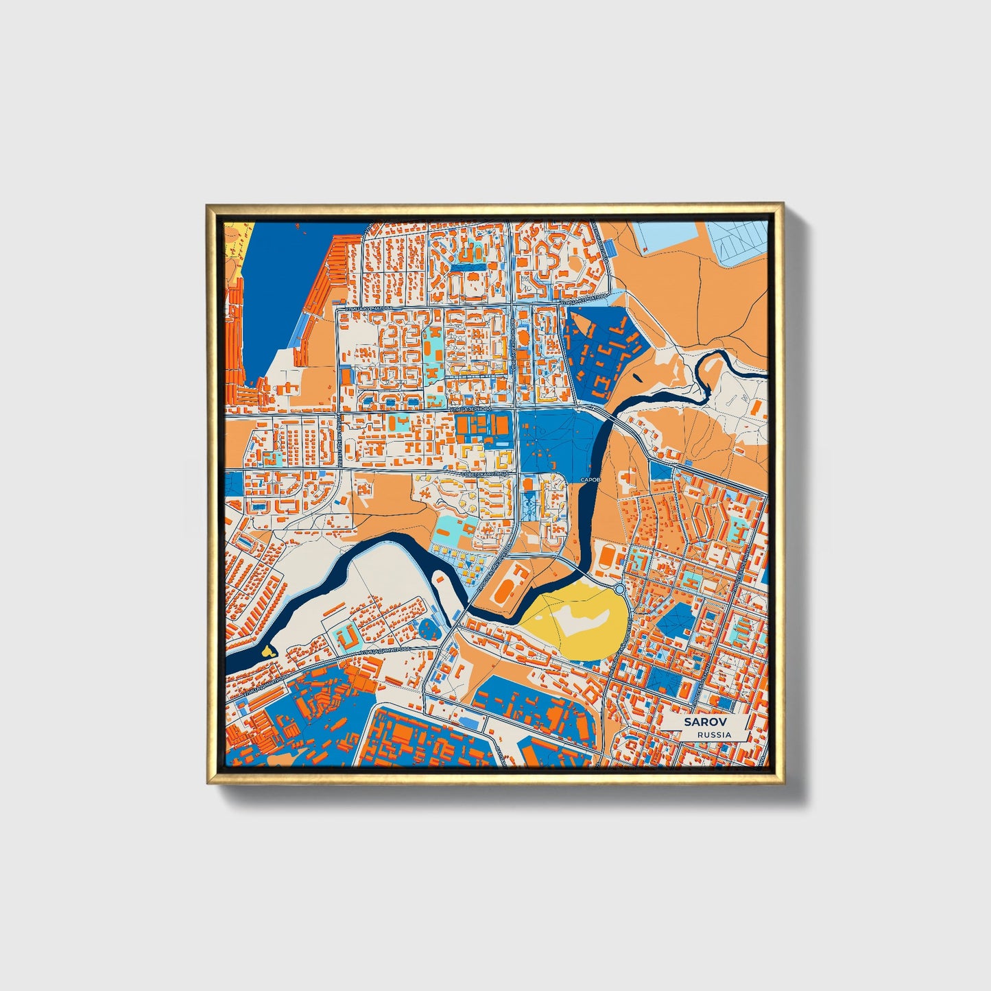 Саров Russia Colorful City Map Canvas Print • Gold Framed