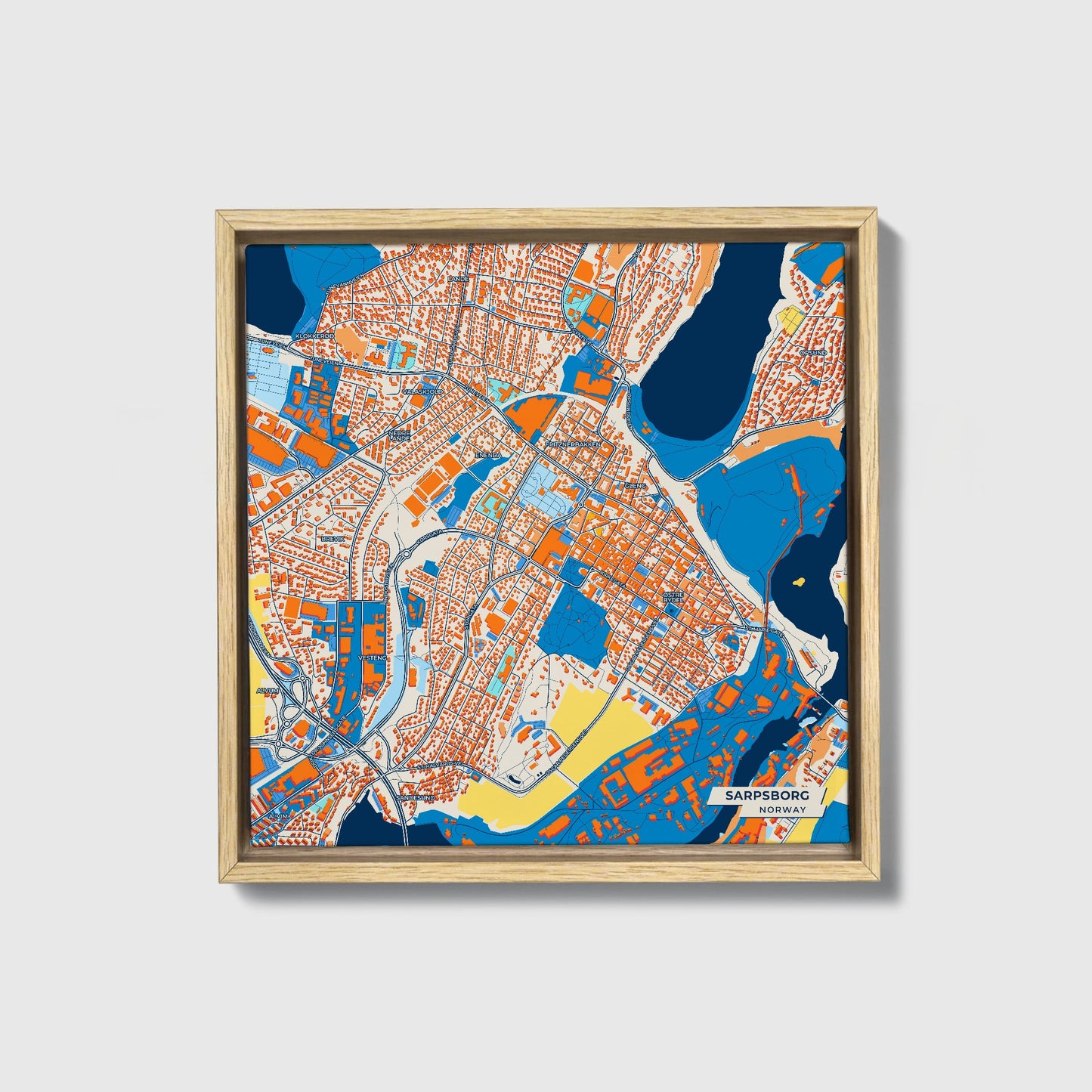 Sarpsborg Norway Colorful City Map Canvas Print • Natural Wooden Framed