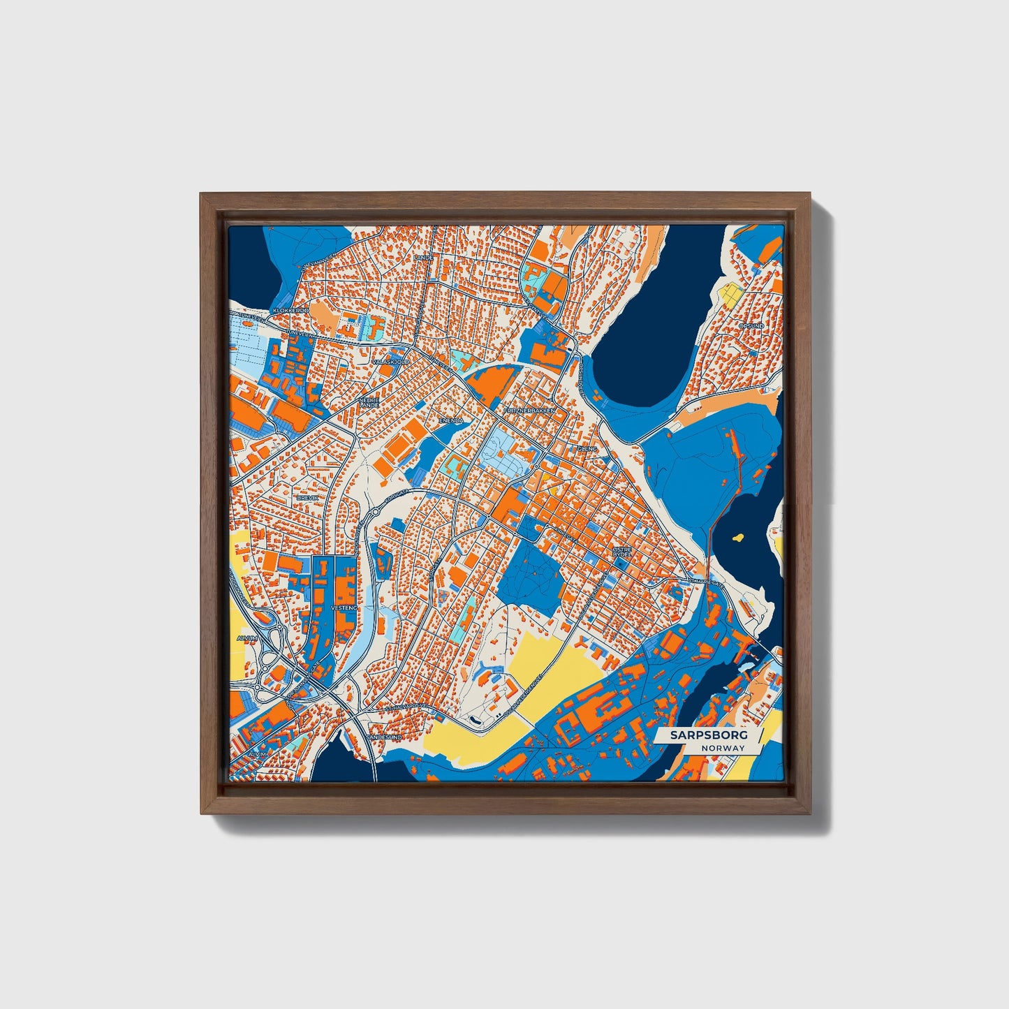Sarpsborg Norway Colorful City Map Canvas Print • Dark Wooden Framed