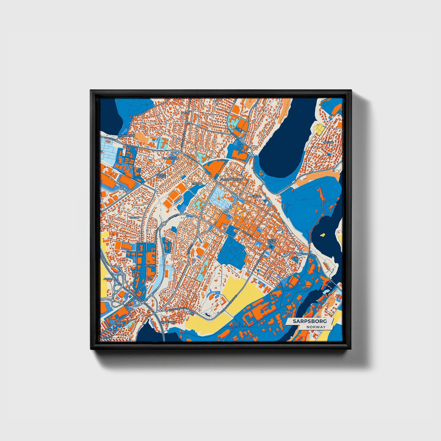 Sarpsborg Norway Colorful City Map Canvas Print • Black Framed