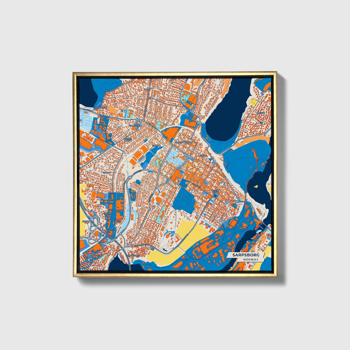 Sarpsborg Norway Colorful City Map Canvas Print • Gold Framed