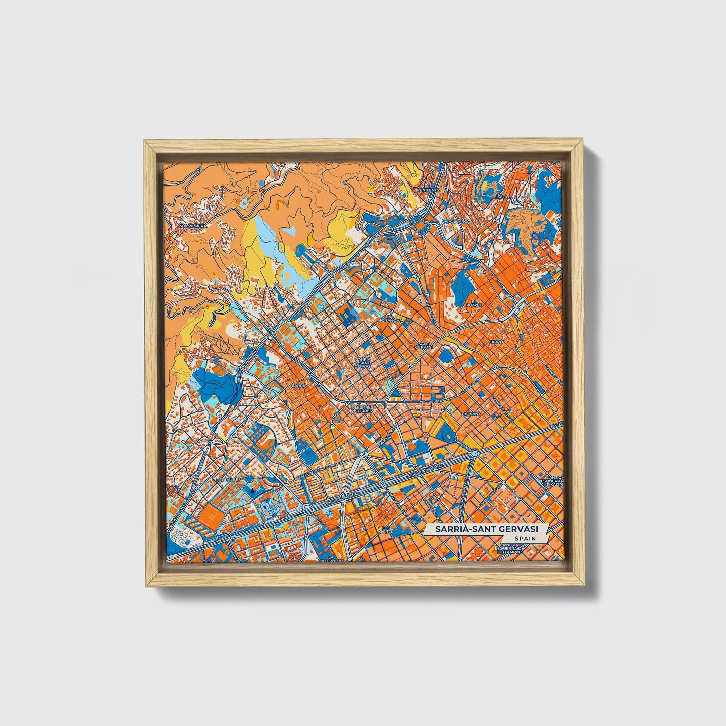 Sarrià-Sant Gervasi Spain Colorful City Map Canvas Print • Natural Wooden Framed