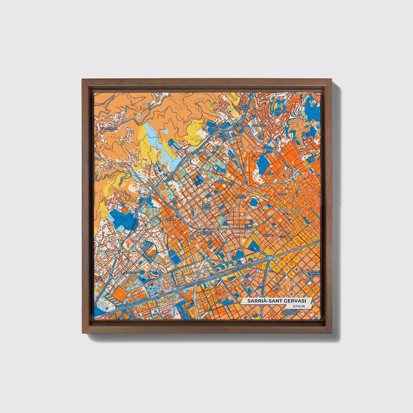 Sarrià-Sant Gervasi Spain Colorful City Map Canvas Print • Dark Wooden Framed