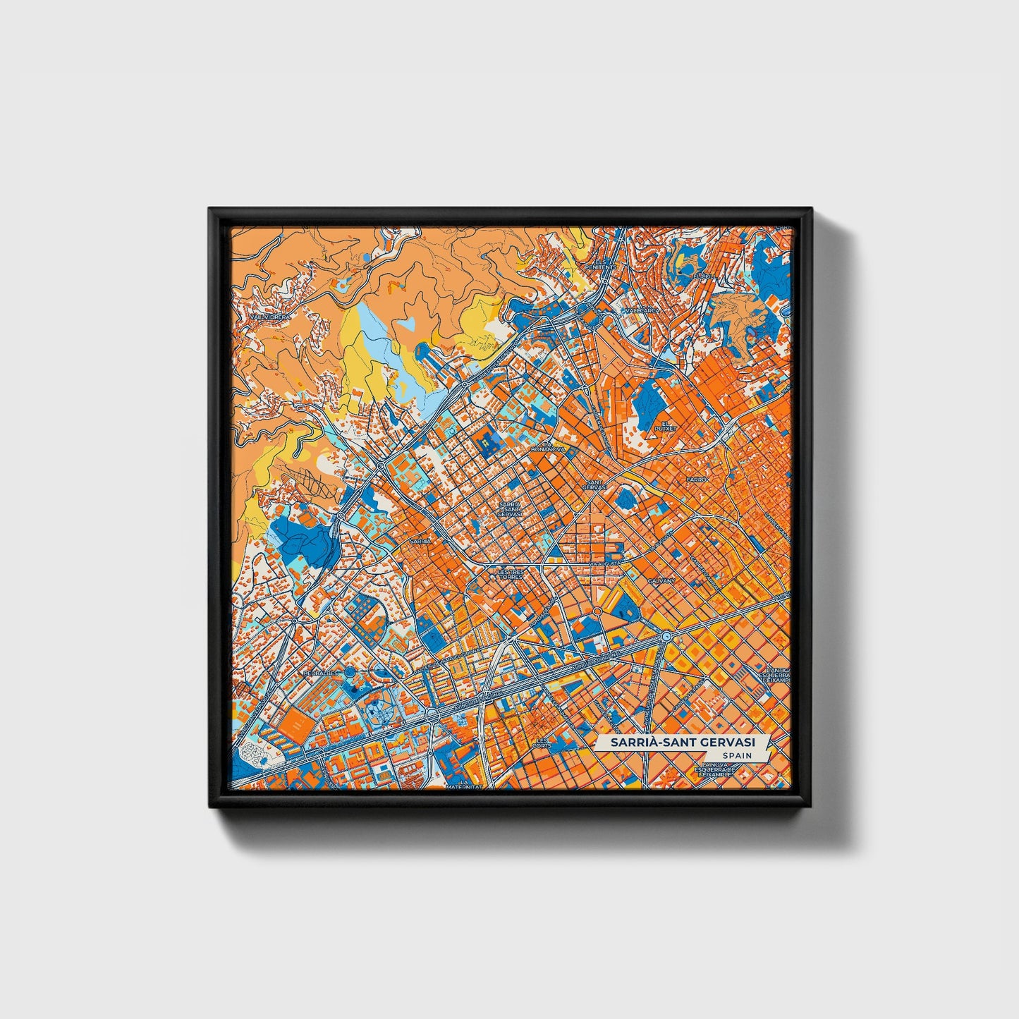 Sarrià-Sant Gervasi Spain Colorful City Map Canvas Print • Black Framed