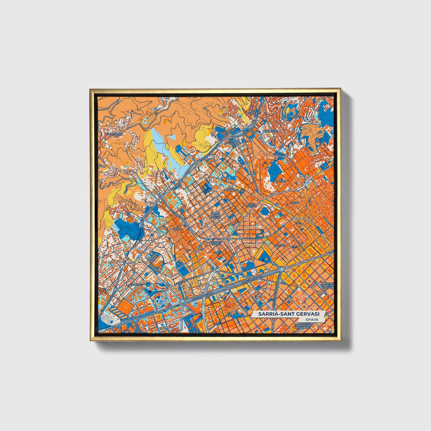 Sarrià-Sant Gervasi Spain Colorful City Map Canvas Print • Gold Framed