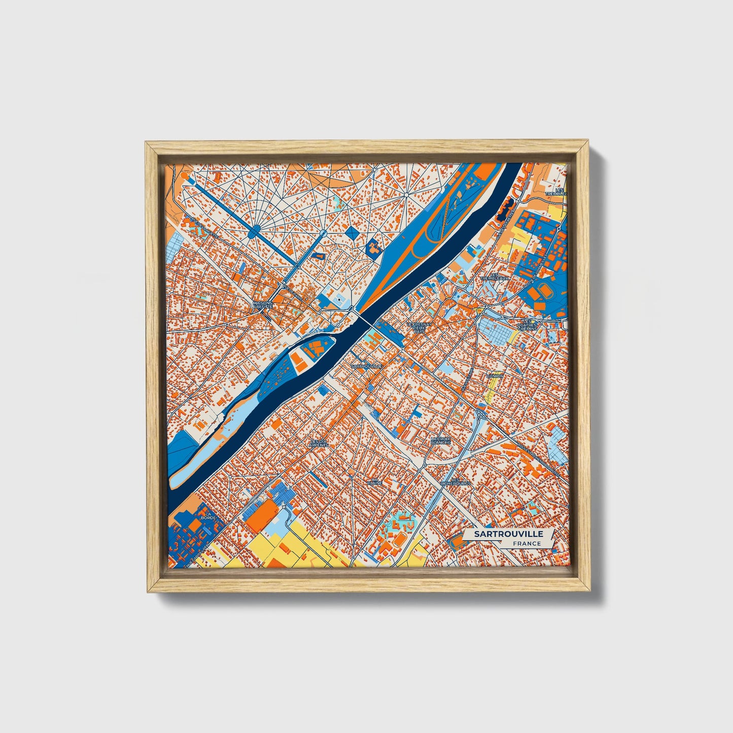 Sartrouville France Colorful City Map Canvas Print • Natural Wooden Framed