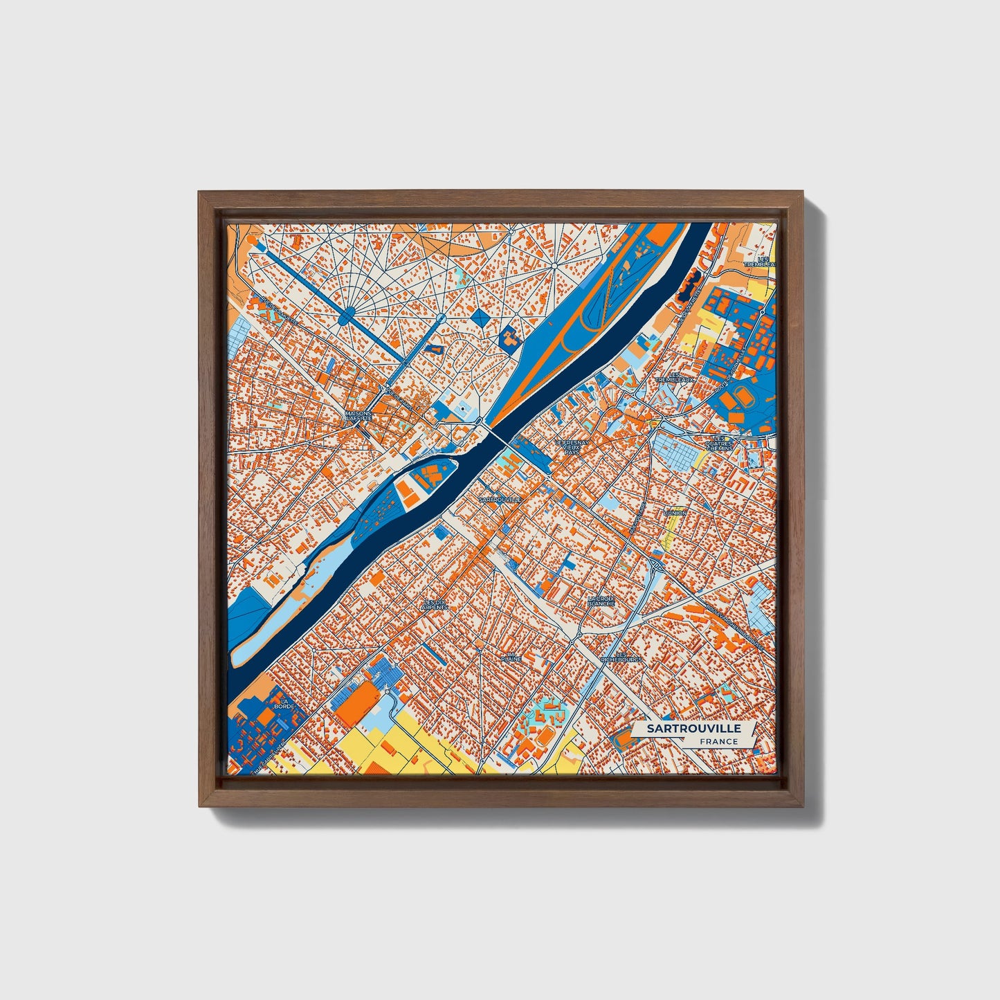 Sartrouville France Colorful City Map Canvas Print • Dark Wooden Framed