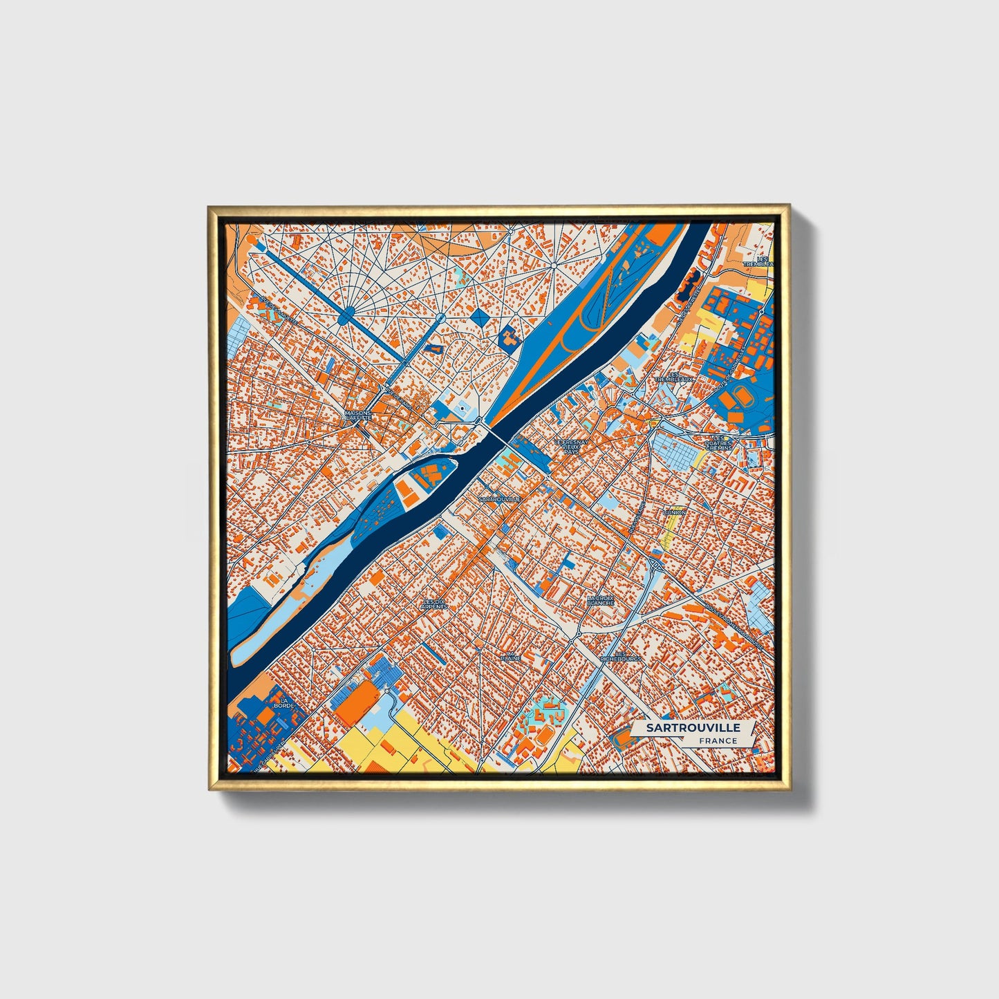 Sartrouville France Colorful City Map Canvas Print • Gold Framed