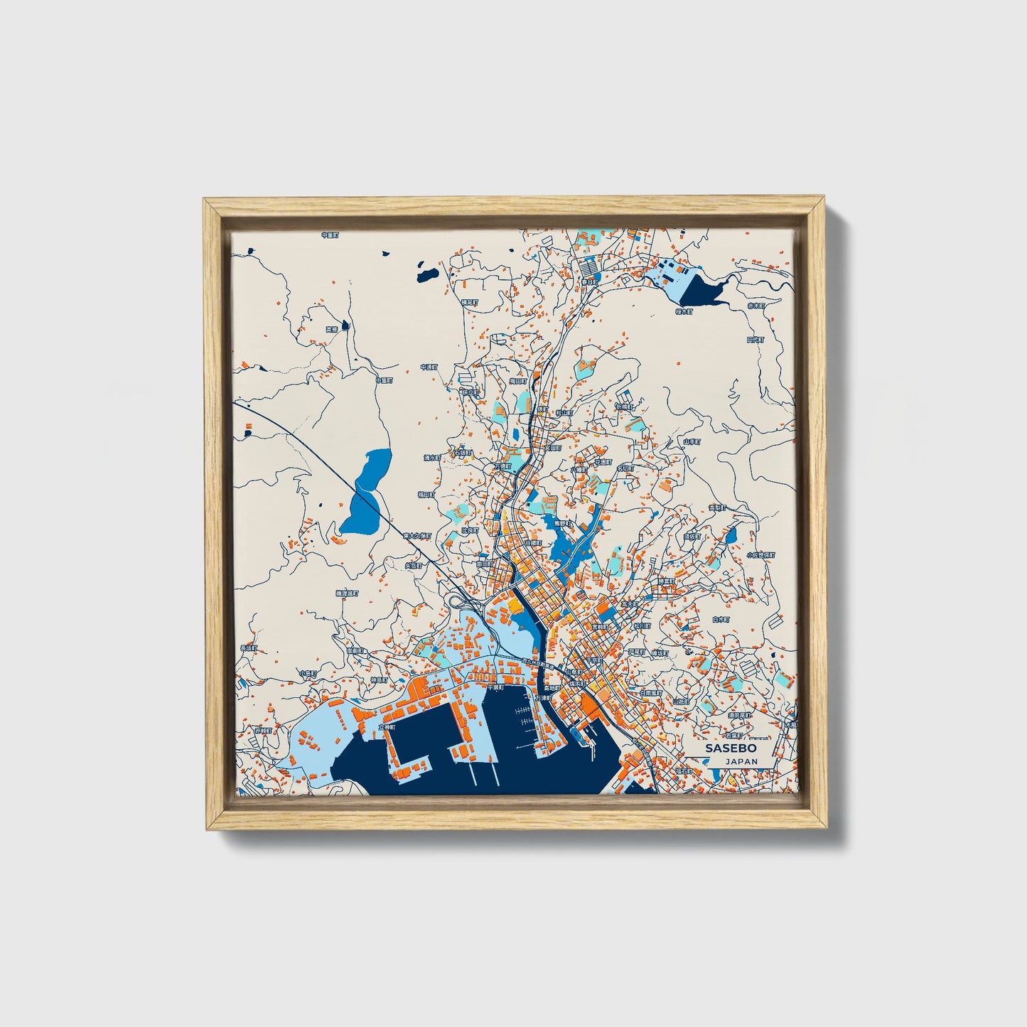 Sasebo Japan Colorful City Map Canvas Print • Natural Wooden Framed