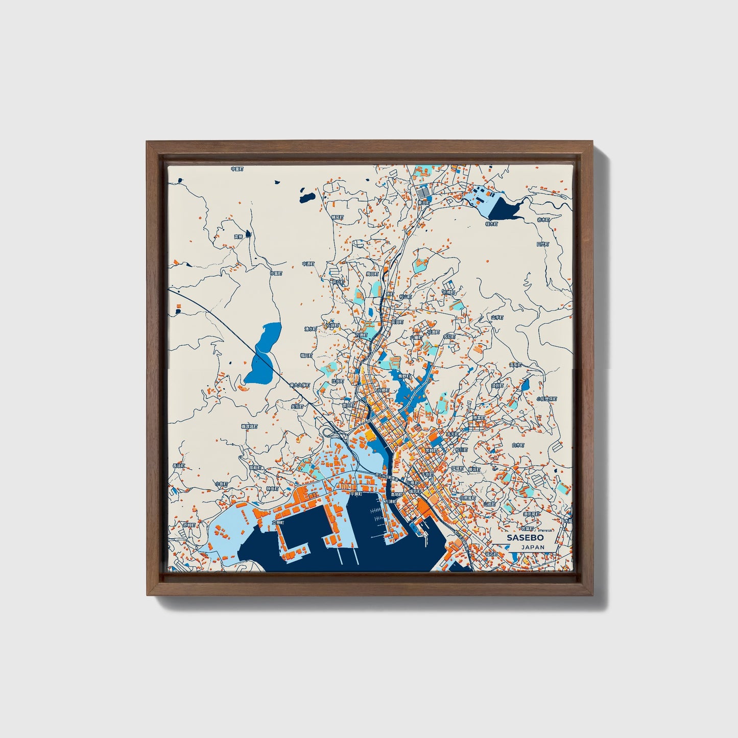 Sasebo Japan Colorful City Map Canvas Print • Dark Wooden Framed