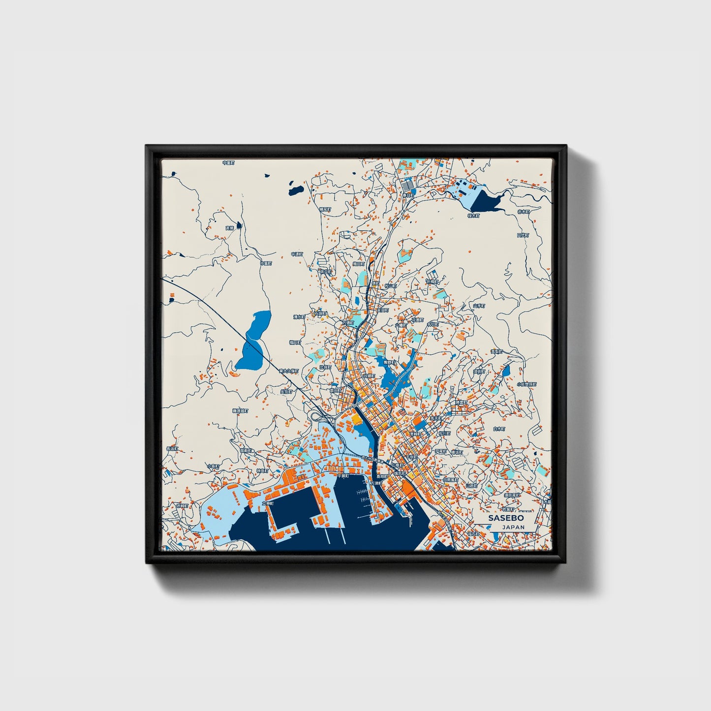 Sasebo Japan Colorful City Map Canvas Print • Black Framed