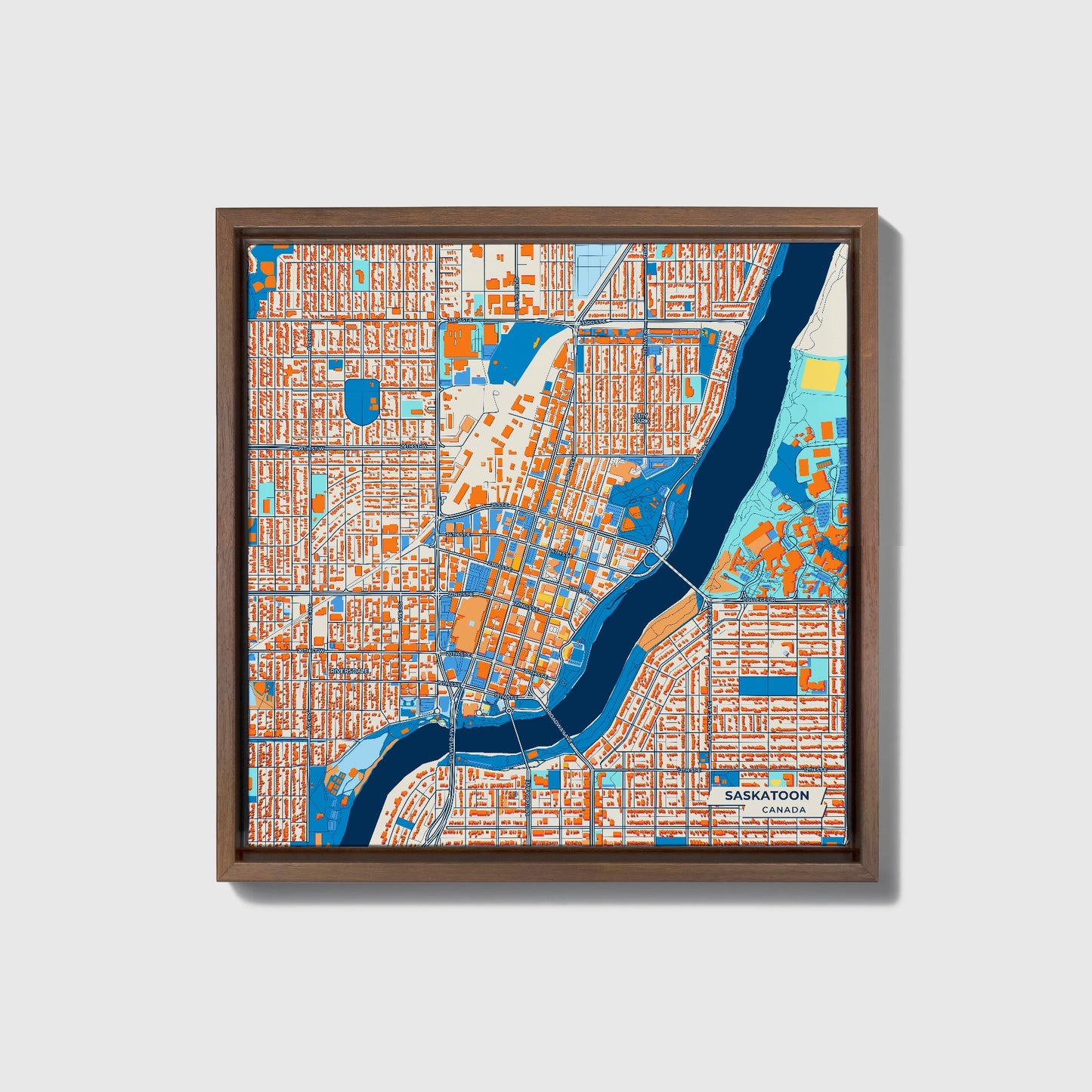 Saskatoon Canada Colorful City Map Canvas Print • Dark Wooden Framed