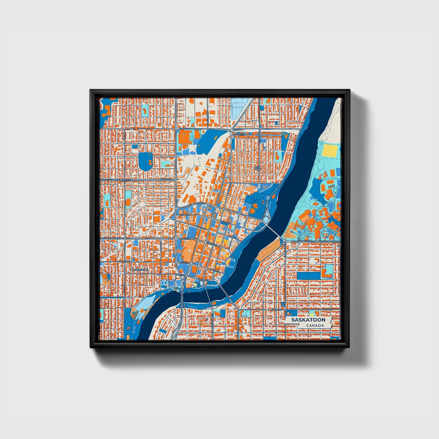 Saskatoon Canada Colorful City Map Canvas Print • Black Framed