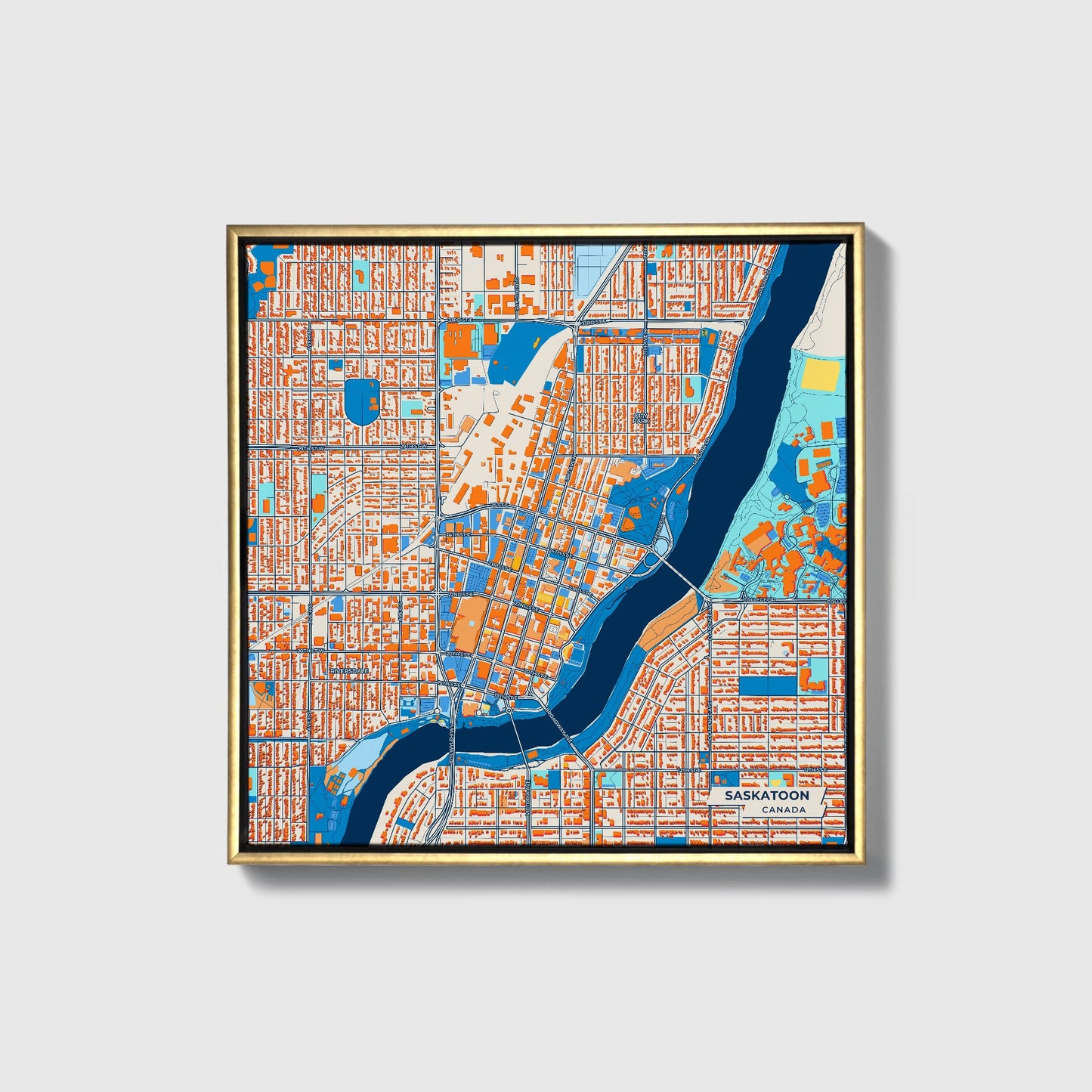 Saskatoon Canada Colorful City Map Canvas Print • Gold Framed