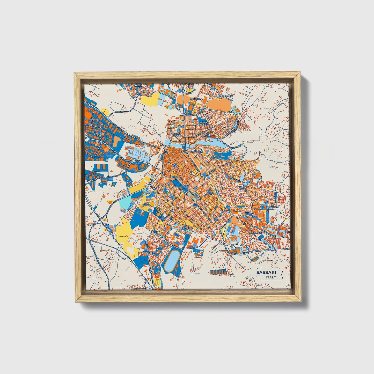 Sassari Italy Colorful City Map Canvas Print • Natural Wooden Framed