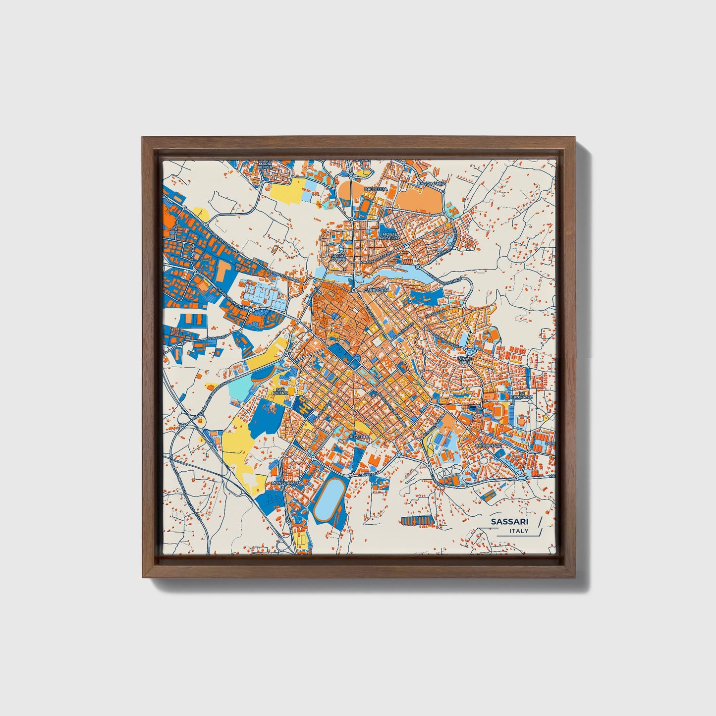 Sassari Italy Colorful City Map Canvas Print • Dark Wooden Framed
