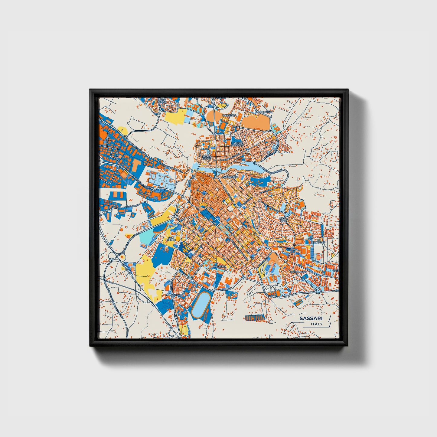 Sassari Italy Colorful City Map Canvas Print • Black Framed