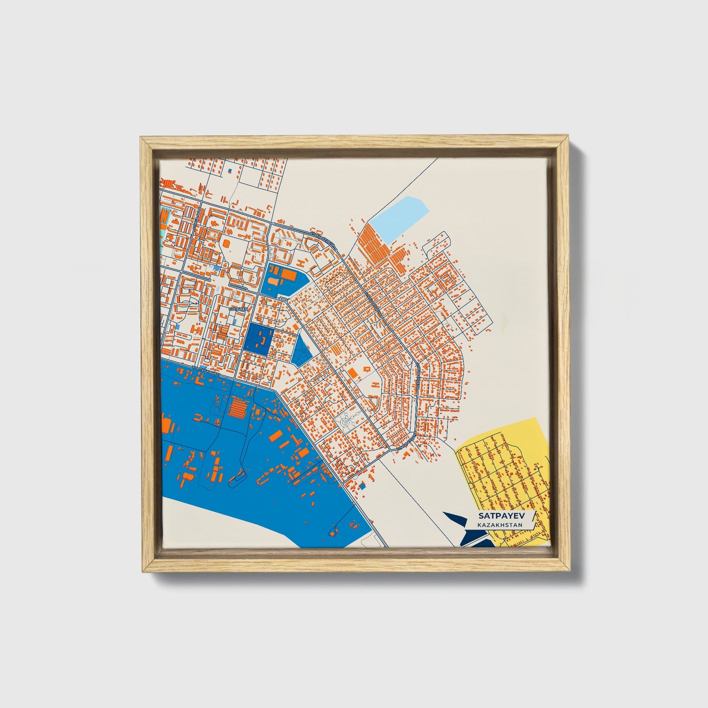 Satpayev Kazakhstan Colorful City Map Canvas Print • Natural Wooden Framed