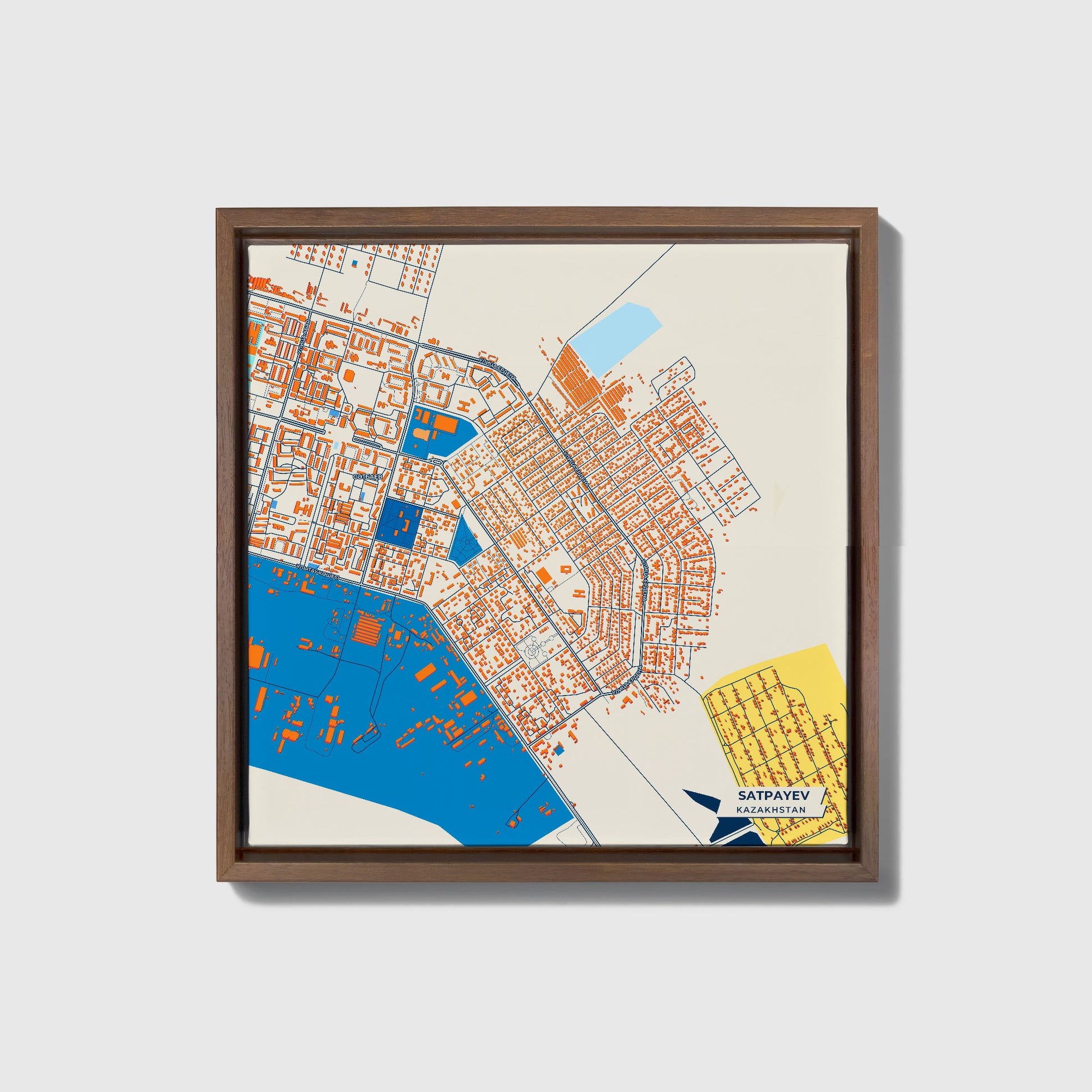 Satpayev Kazakhstan Colorful City Map Canvas Print • Dark Wooden Framed