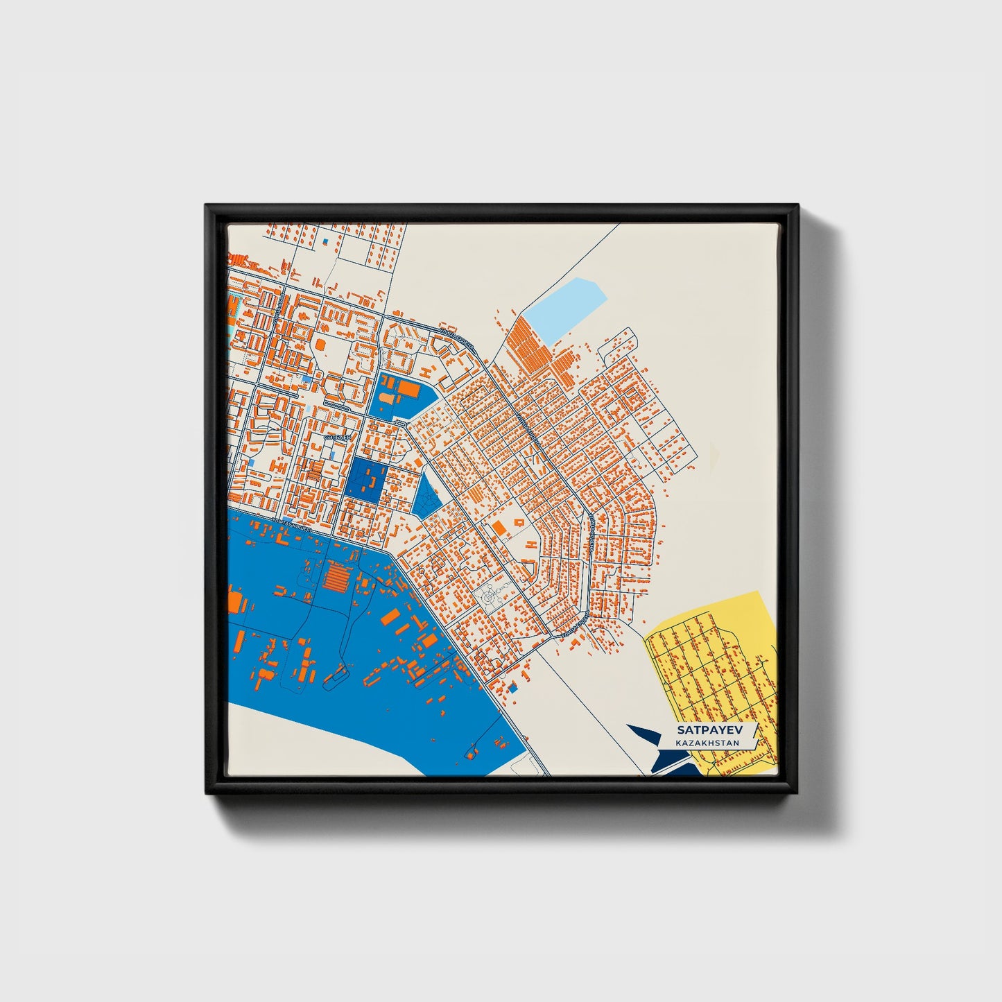 Satpayev Kazakhstan Colorful City Map Canvas Print • Black Framed